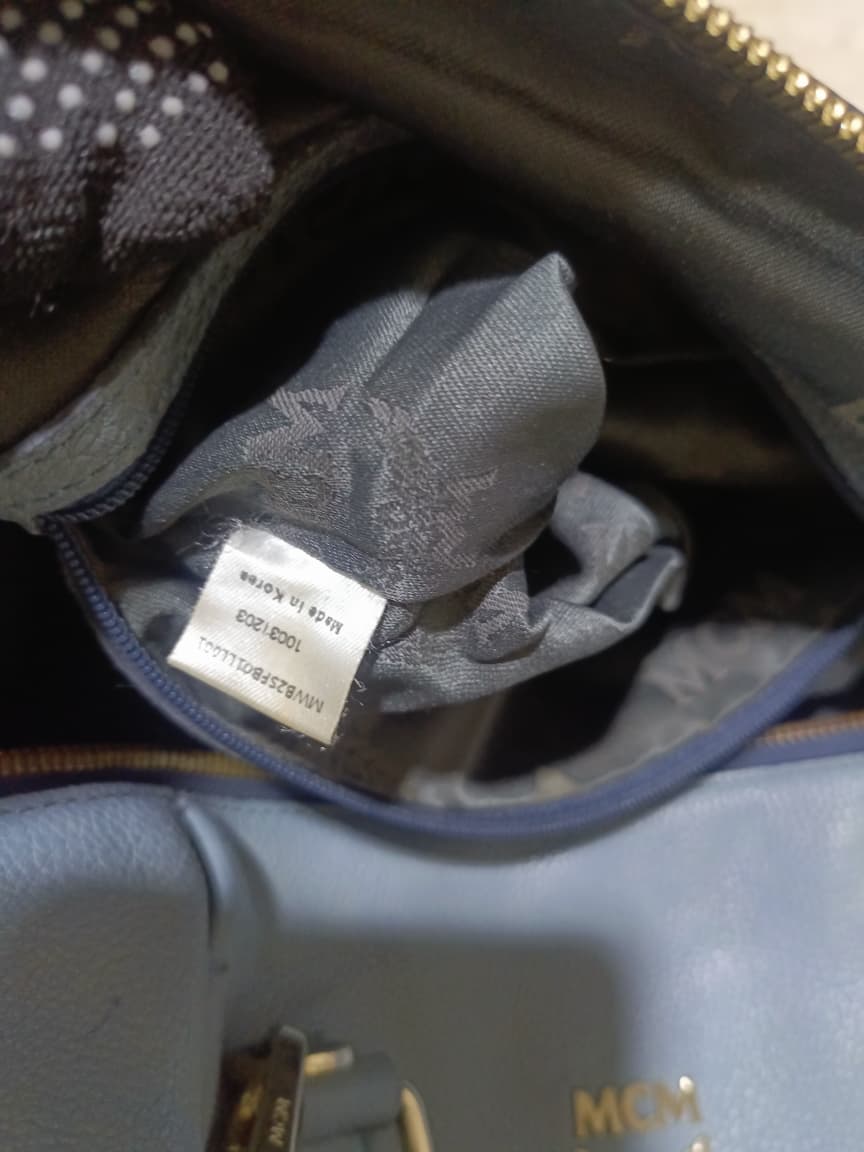 MCM Light Blue Leather Boston Bag with Shoulder Strap | Pre-Loved