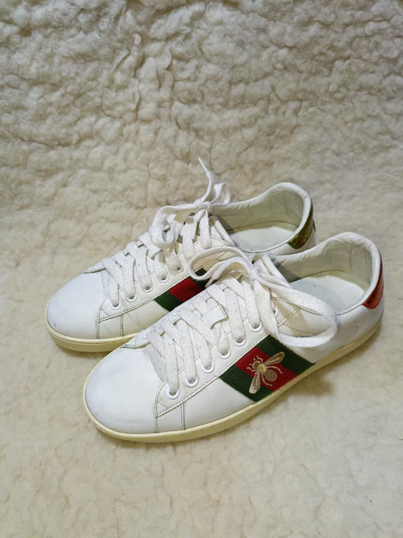 Gucci Ace White Leather Bee Sneakers with Web Stripe – Size 6 | Pre-Loved