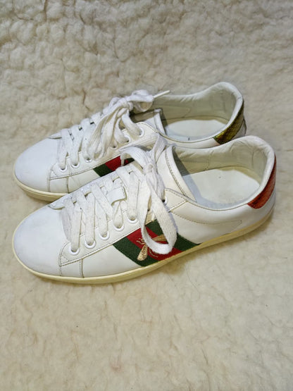 Gucci Ace White Leather Bee Sneakers with Web Stripe – Size 6 | Pre-Loved