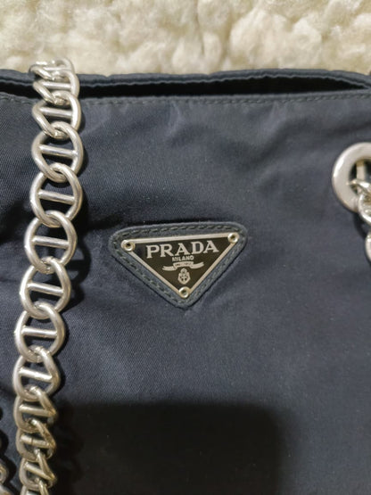 Prada Navy Nylon Chain Handle Tote | Pre-Loved