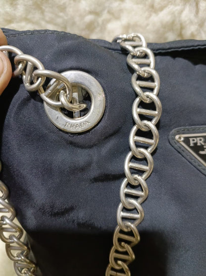 Prada Navy Nylon Chain Handle Tote | Pre-Loved