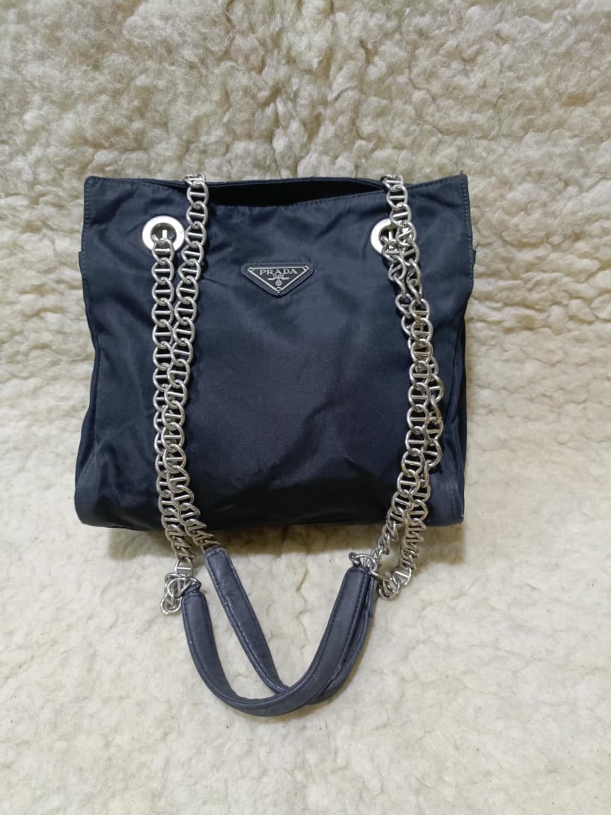 Prada Navy Nylon Chain Handle Tote | Pre-Loved