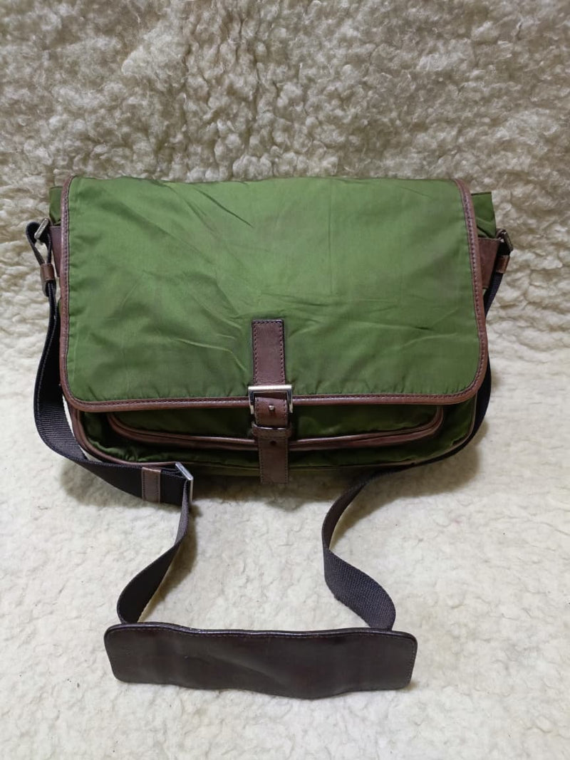 Prada Green Nylon & Brown  Crossbody Bag | Pre-Loved