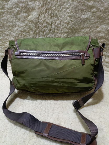 Prada Green Nylon & Brown  Crossbody Bag | Pre-Loved