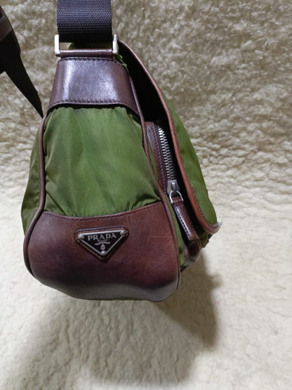 Prada Green Nylon & Brown  Crossbody Bag | Pre-Loved