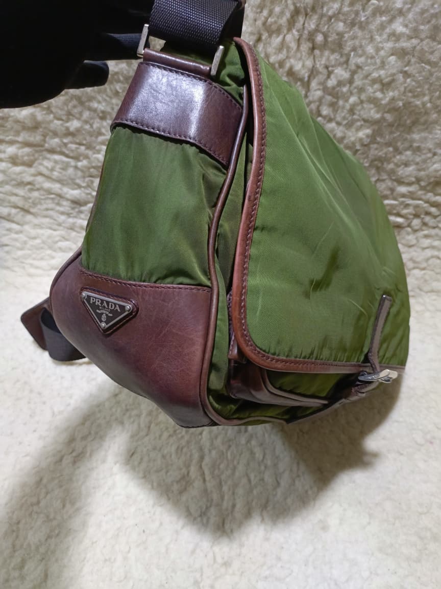 Prada Green Nylon & Brown  Crossbody Bag | Pre-Loved