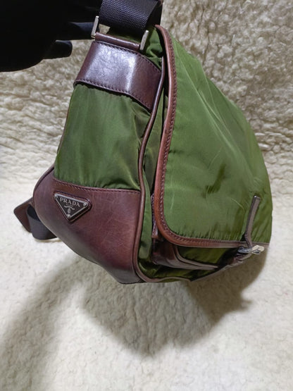 Prada Green Nylon & Brown  Crossbody Bag | Pre-Loved