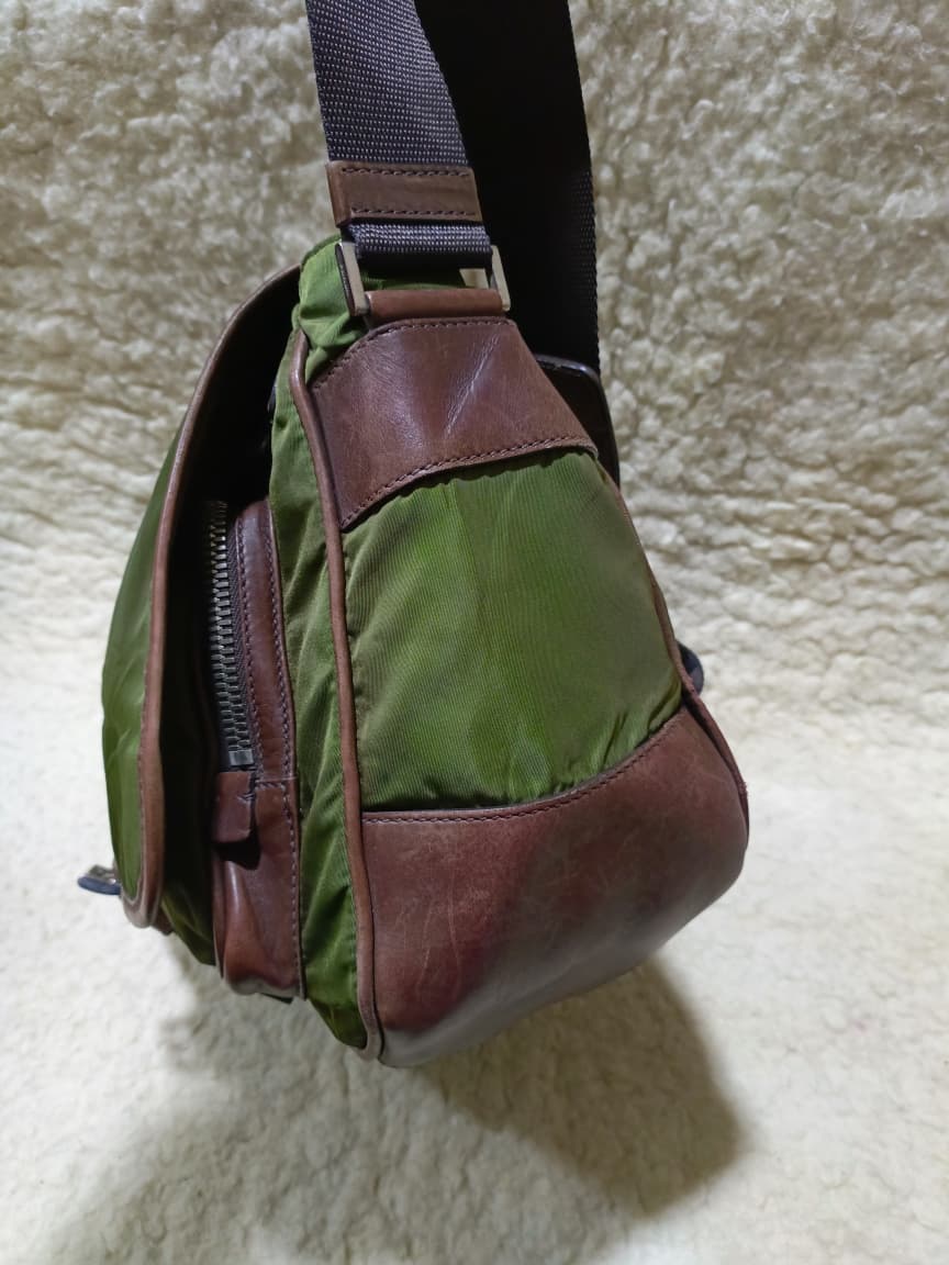 Prada Green Nylon & Brown  Crossbody Bag | Pre-Loved