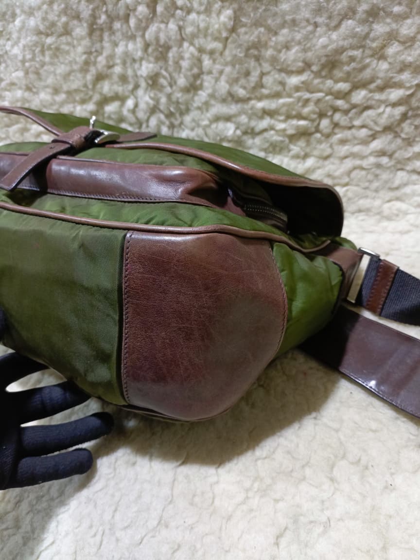 Prada Green Nylon & Brown  Crossbody Bag | Pre-Loved