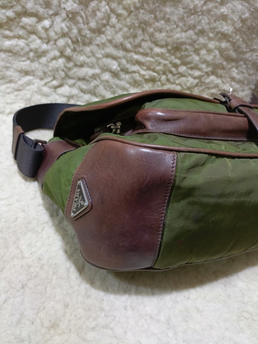 Prada Green Nylon & Brown  Crossbody Bag | Pre-Loved