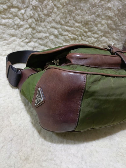 Prada Green Nylon & Brown  Crossbody Bag | Pre-Loved