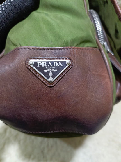 Prada Green Nylon & Brown  Crossbody Bag | Pre-Loved