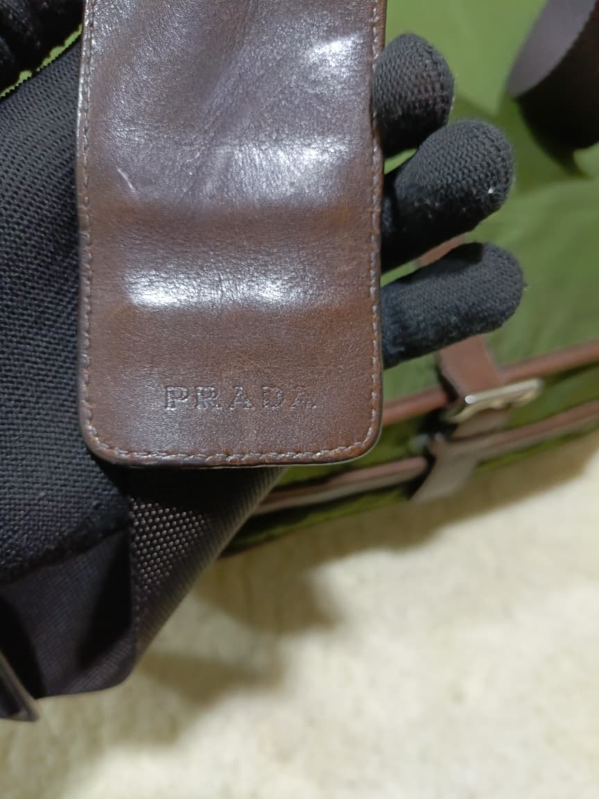 Prada Green Nylon & Brown  Crossbody Bag | Pre-Loved