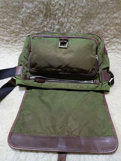 Prada Green Nylon & Brown  Crossbody Bag | Pre-Loved