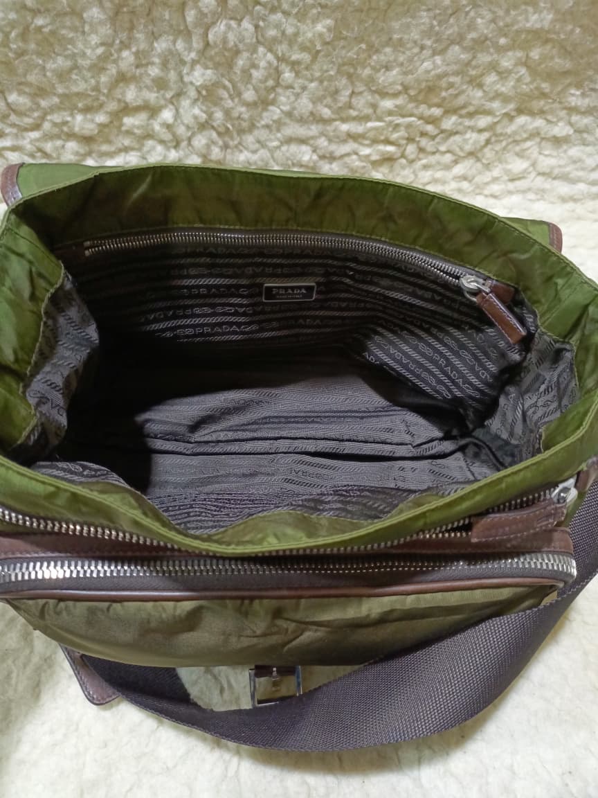 Prada Green Nylon & Brown  Crossbody Bag | Pre-Loved