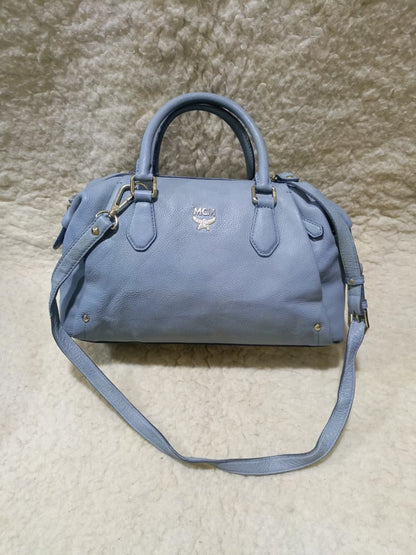 MCM Light Blue Leather Boston Bag with Shoulder Strap | Pre-Loved