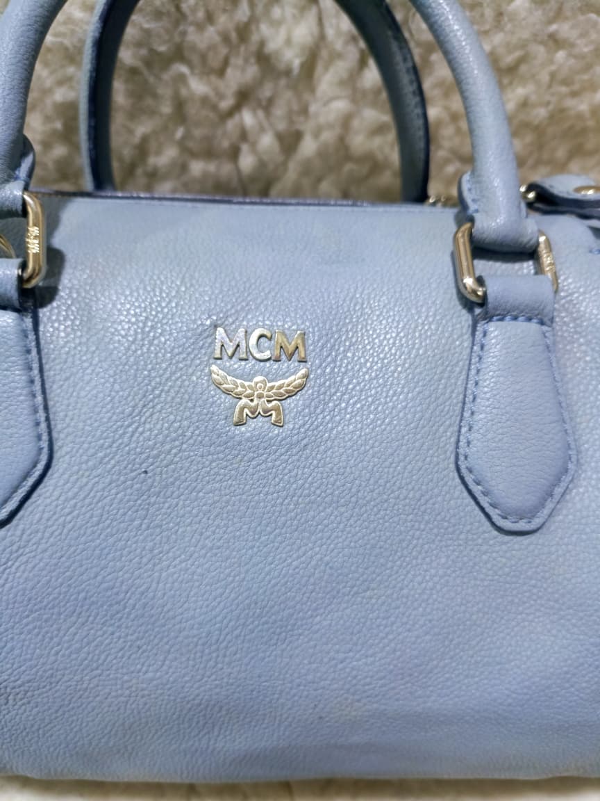 MCM Light Blue Leather Boston Bag with Shoulder Strap | Pre-Loved