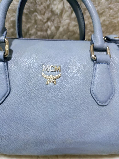 MCM Light Blue Leather Boston Bag with Shoulder Strap | Pre-Loved