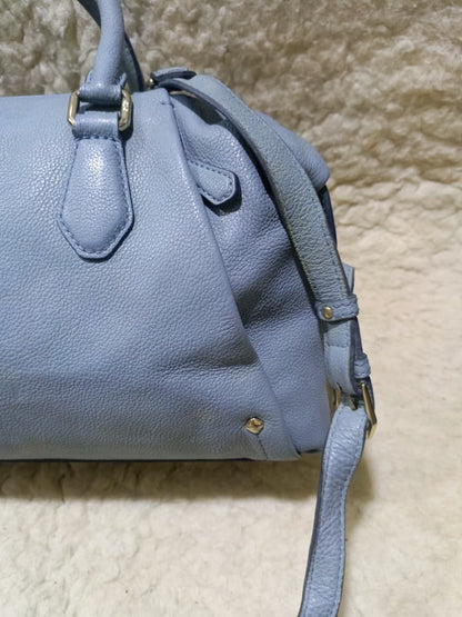 MCM Light Blue Leather Boston Bag with Shoulder Strap | Pre-Loved