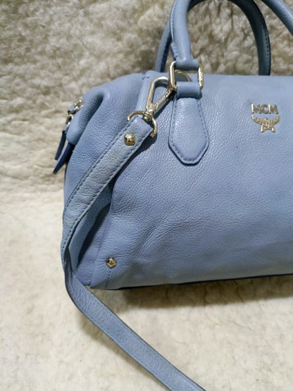 MCM Light Blue Leather Boston Bag with Shoulder Strap | Pre-Loved