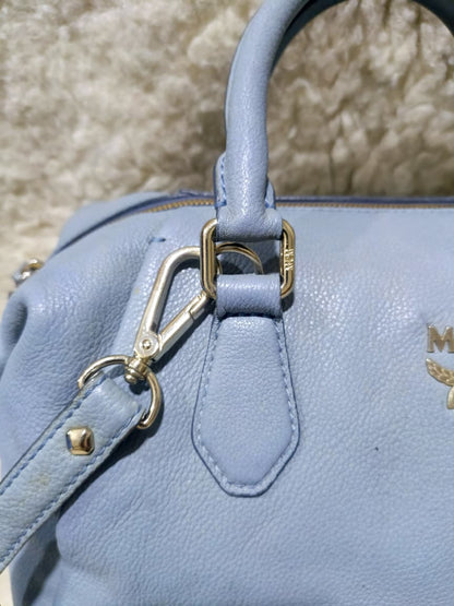 MCM Light Blue Leather Boston Bag with Shoulder Strap | Pre-Loved