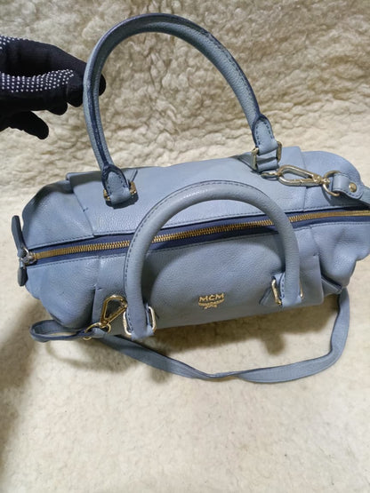 MCM Light Blue Leather Boston Bag with Shoulder Strap | Pre-Loved
