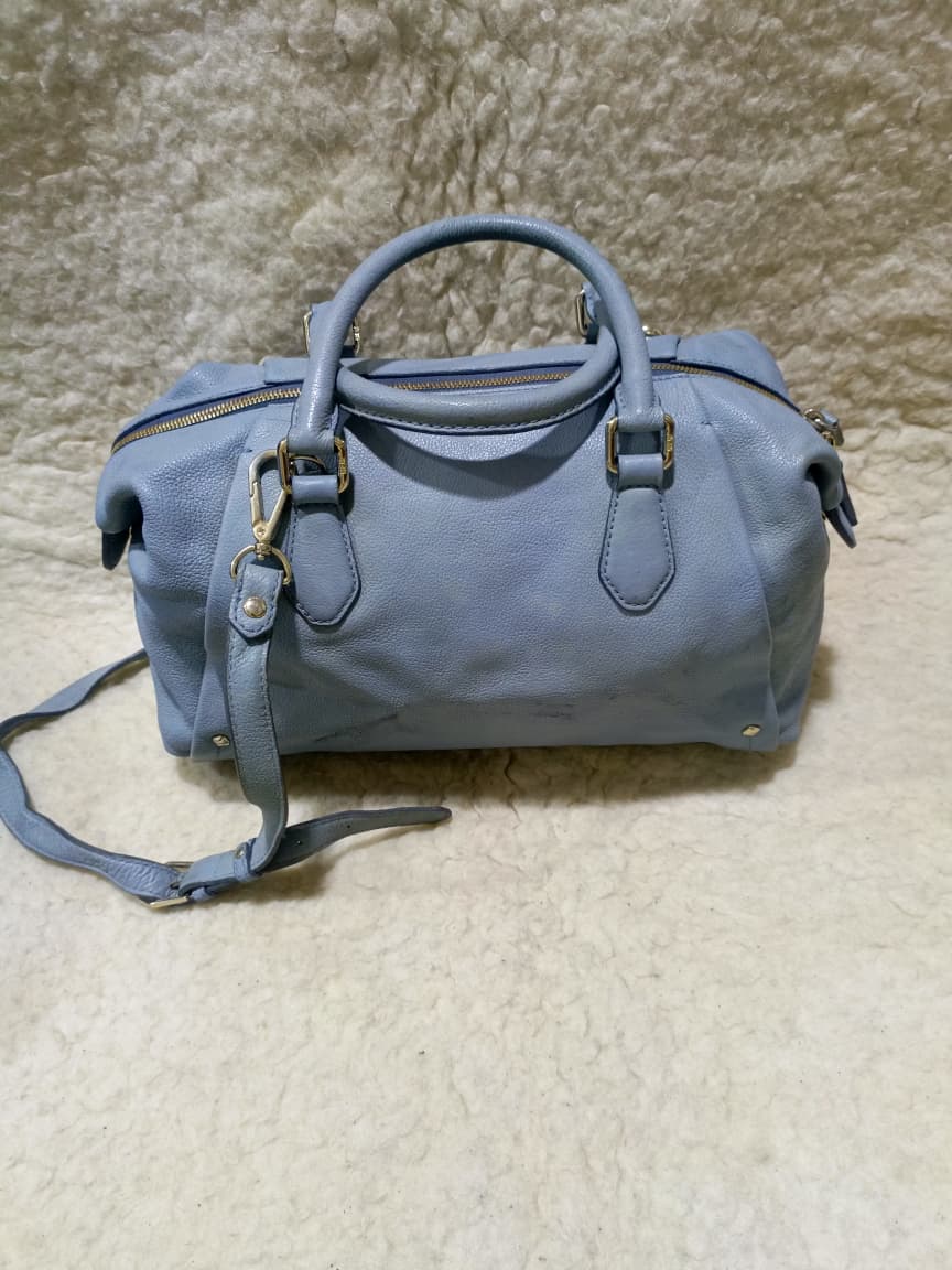 MCM Light Blue Leather Boston Bag with Shoulder Strap | Pre-Loved