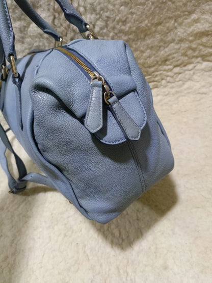 MCM Light Blue Leather Boston Bag with Shoulder Strap | Pre-Loved