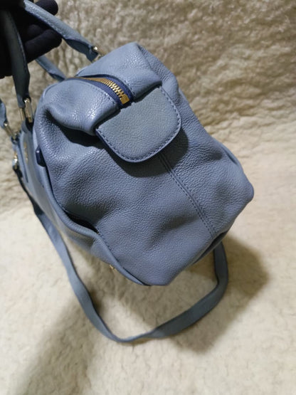 MCM Light Blue Leather Boston Bag with Shoulder Strap | Pre-Loved
