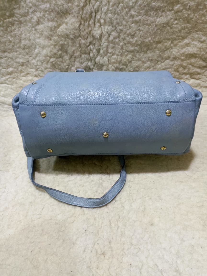 MCM Light Blue Leather Boston Bag with Shoulder Strap | Pre-Loved