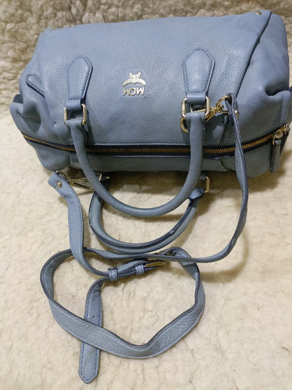 MCM Light Blue Leather Boston Bag with Shoulder Strap | Pre-Loved