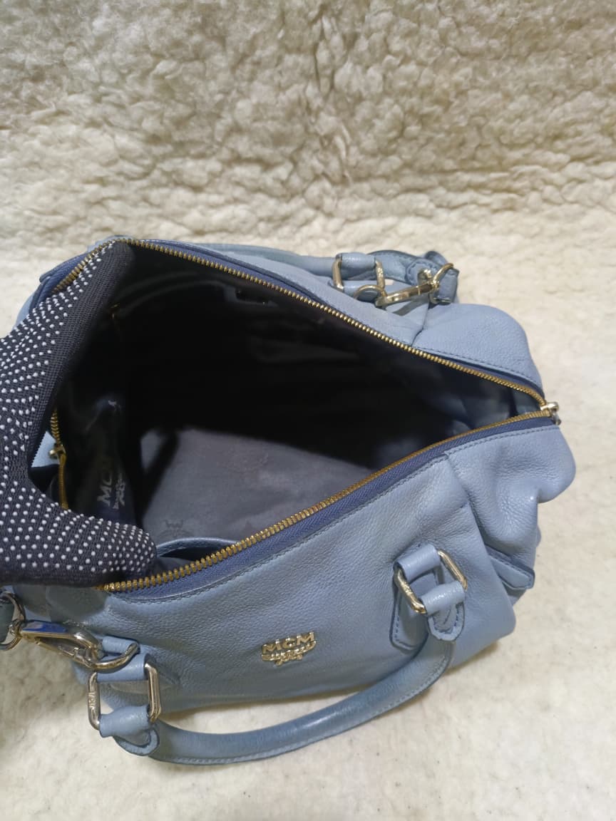 MCM Light Blue Leather Boston Bag with Shoulder Strap | Pre-Loved