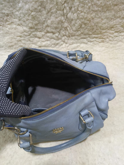 MCM Light Blue Leather Boston Bag with Shoulder Strap | Pre-Loved