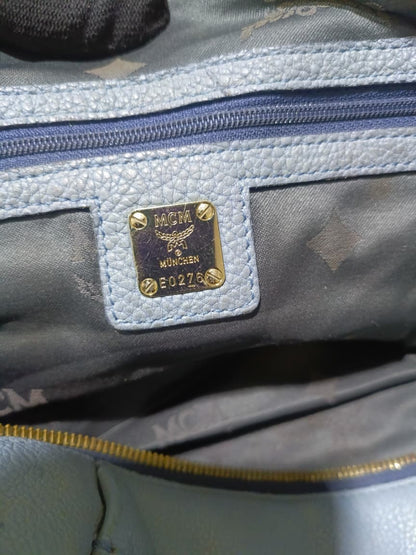 MCM Light Blue Leather Boston Bag with Shoulder Strap | Pre-Loved