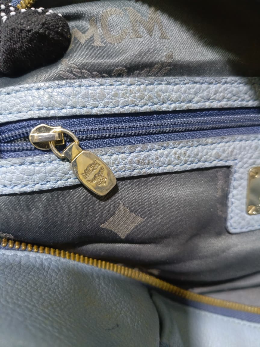 MCM Light Blue Leather Boston Bag with Shoulder Strap | Pre-Loved