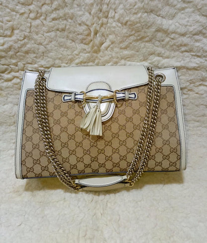 Emily GG Canvas & White Leather Chain Shoulder Bag