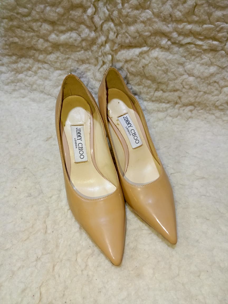 Jimmy Nude Patent Leather Pointed-Toe Pumps | Authentic