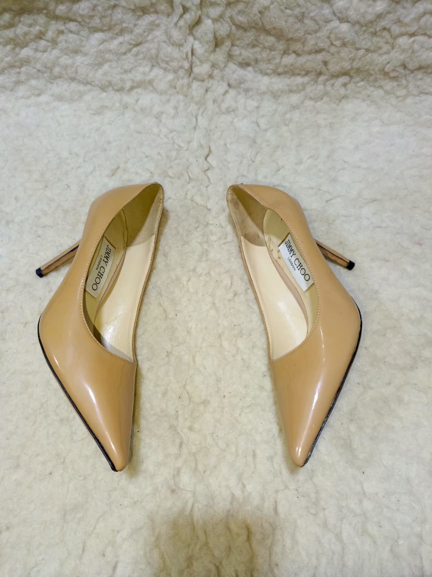 Jimmy Nude Patent Leather Pointed-Toe Pumps | Authentic