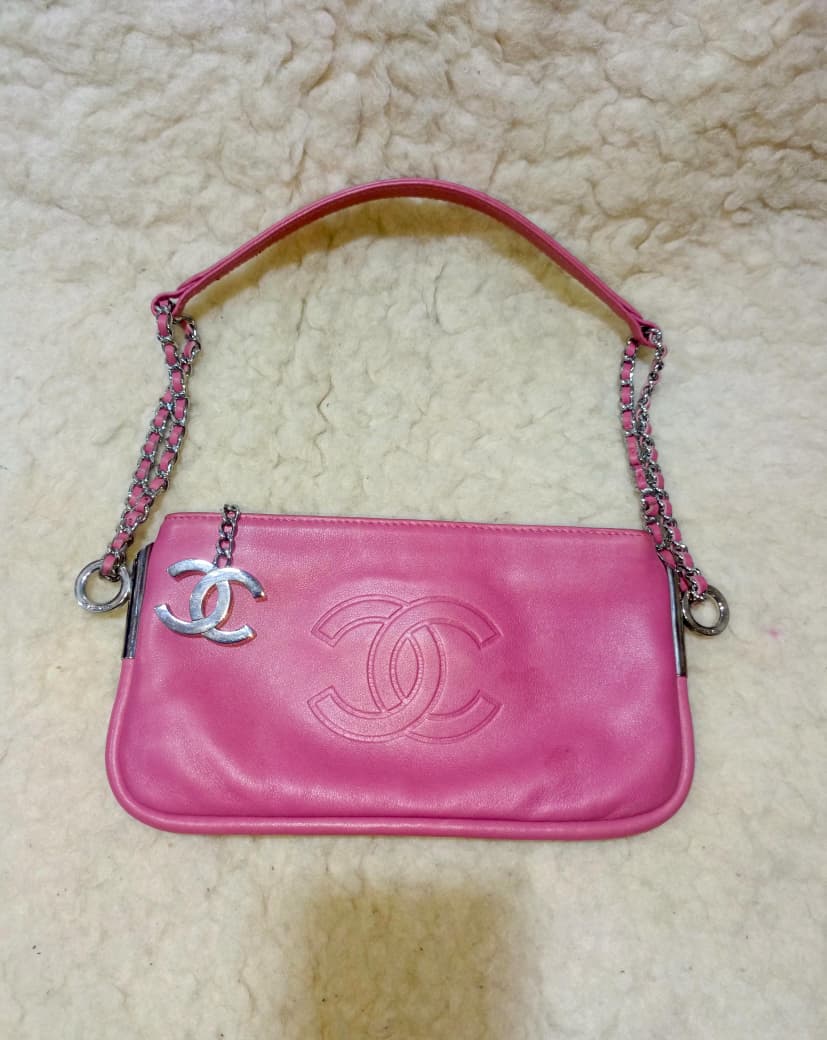 Pink Leather Chain Shoulder Bag with Embossed CC Logo | Authentic