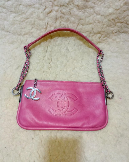 Pink Leather Chain Shoulder Bag with Embossed CC Logo | Authentic