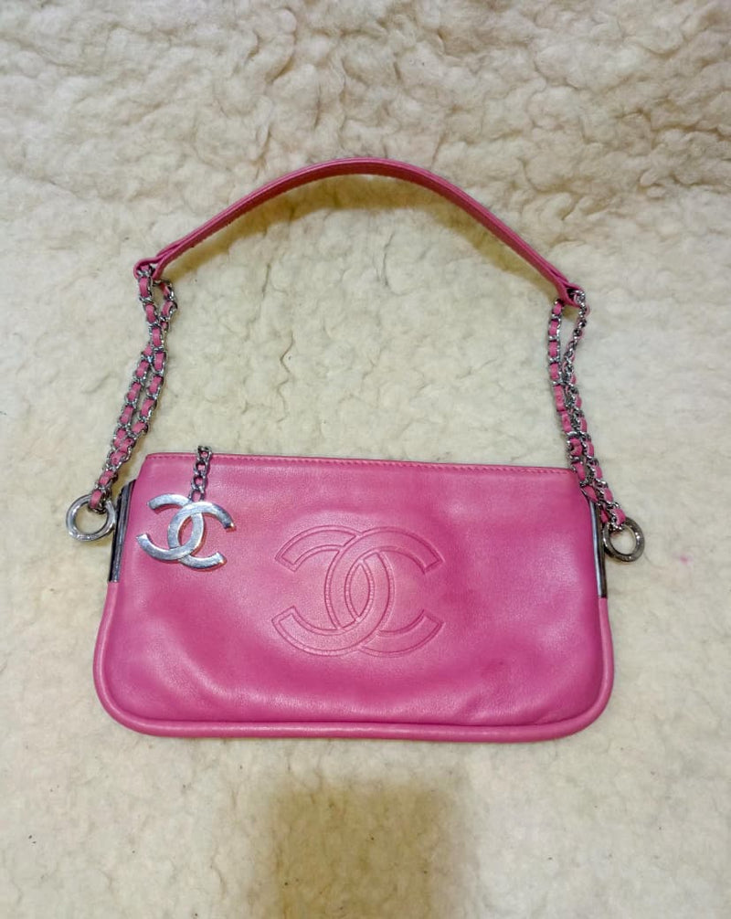 Pink Leather Chain Shoulder Bag with Embossed CC Logo | Authentic
