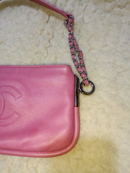 Pink Leather Chain Shoulder Bag with Embossed CC Logo | Authentic