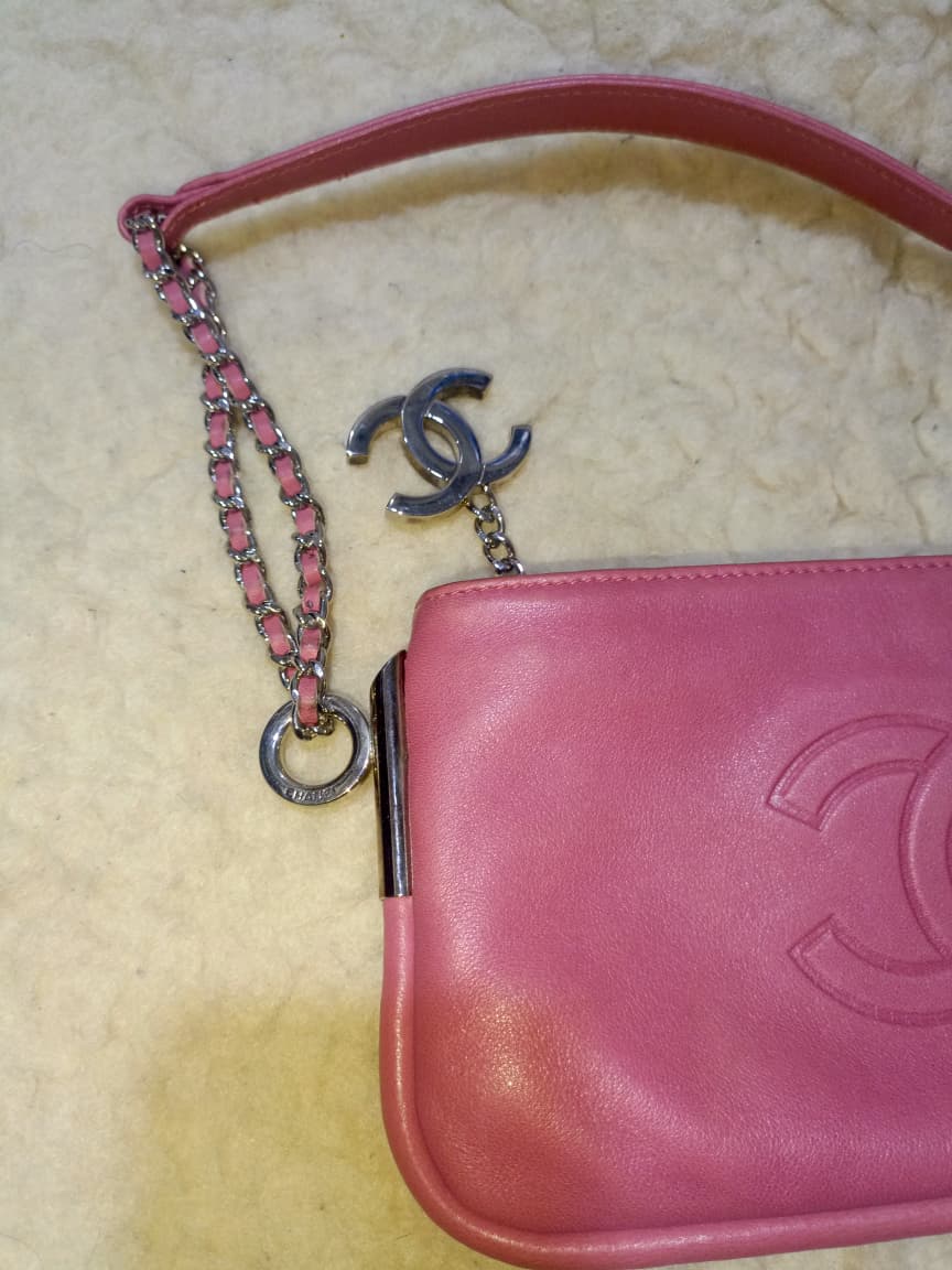 Pink Leather Chain Shoulder Bag with Embossed CC Logo | Authentic