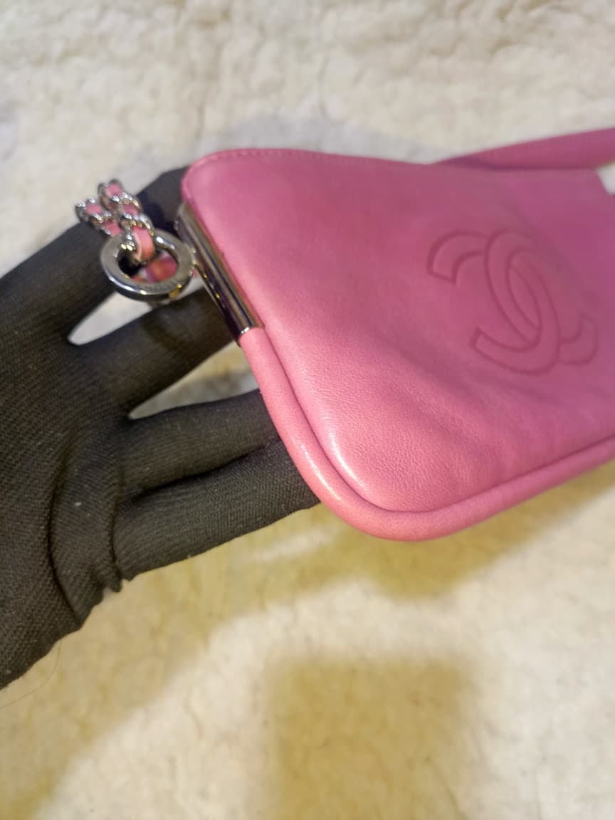 Pink Leather Chain Shoulder Bag with Embossed CC Logo | Authentic