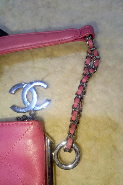 Pink Leather Chain Shoulder Bag with Embossed CC Logo | Authentic