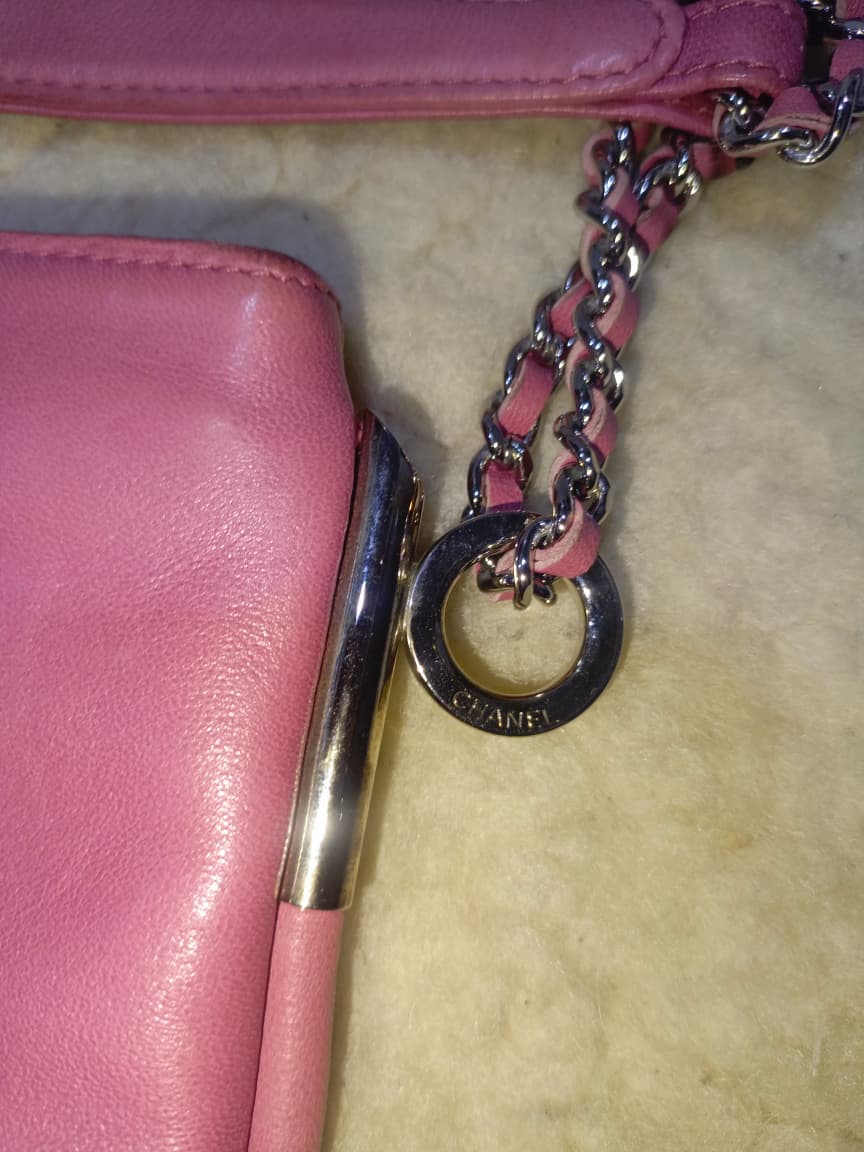 Pink Leather Chain Shoulder Bag with Embossed CC Logo | Authentic