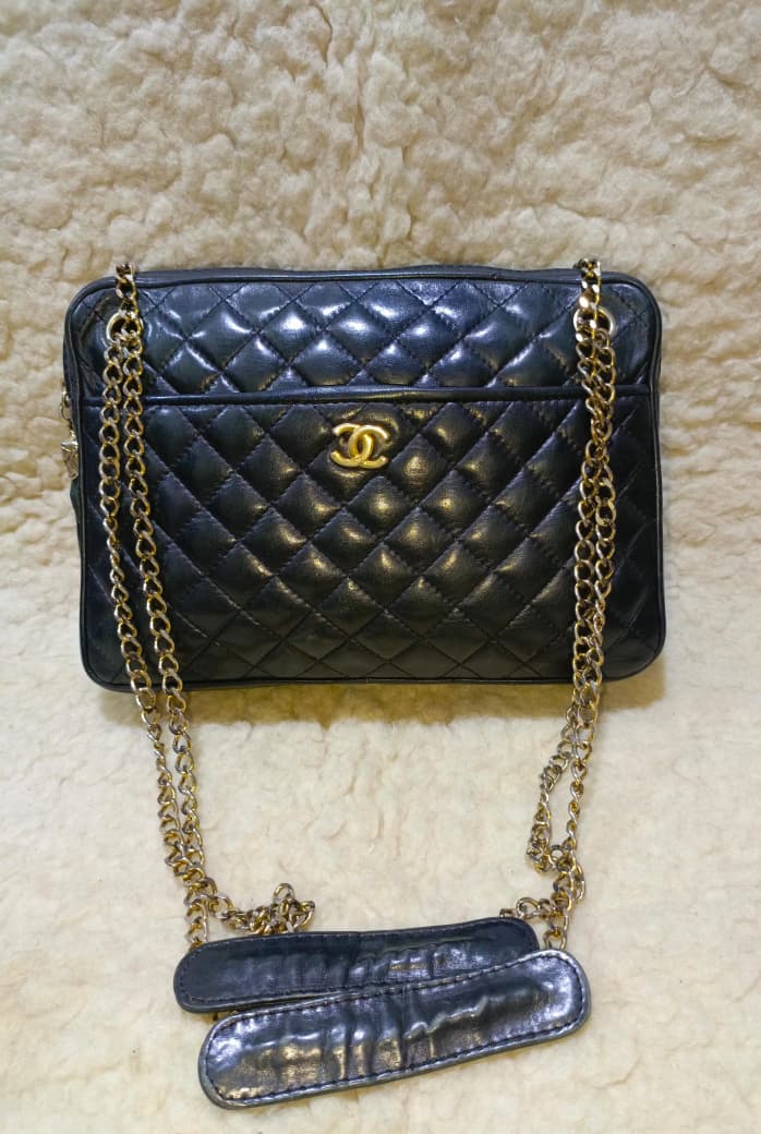 Black Quilted Lambskin Leather Crossbody Bag Gold Chain