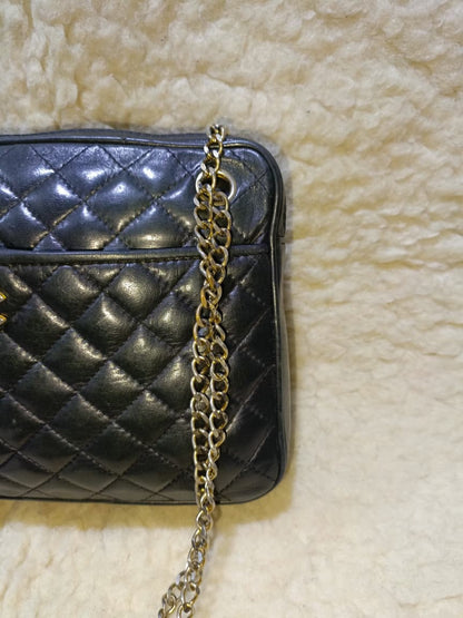 Black Quilted Lambskin Leather Crossbody Bag Gold Chain