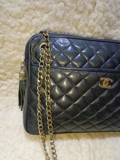 Black Quilted Lambskin Leather Crossbody Bag Gold Chain