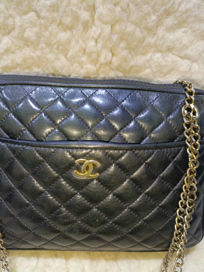 Black Quilted Lambskin Leather Crossbody Bag Gold Chain